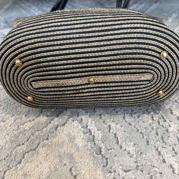 Eric Javits Stripe Black & Beige Straw Leather Tote Handbag - Picture 8 of 12